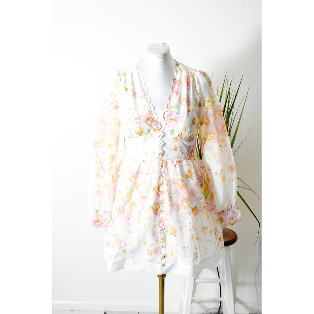 L'ATISTE Floral Mini Dress Womens Large White Pink Orange Long Sleeve Scalloped